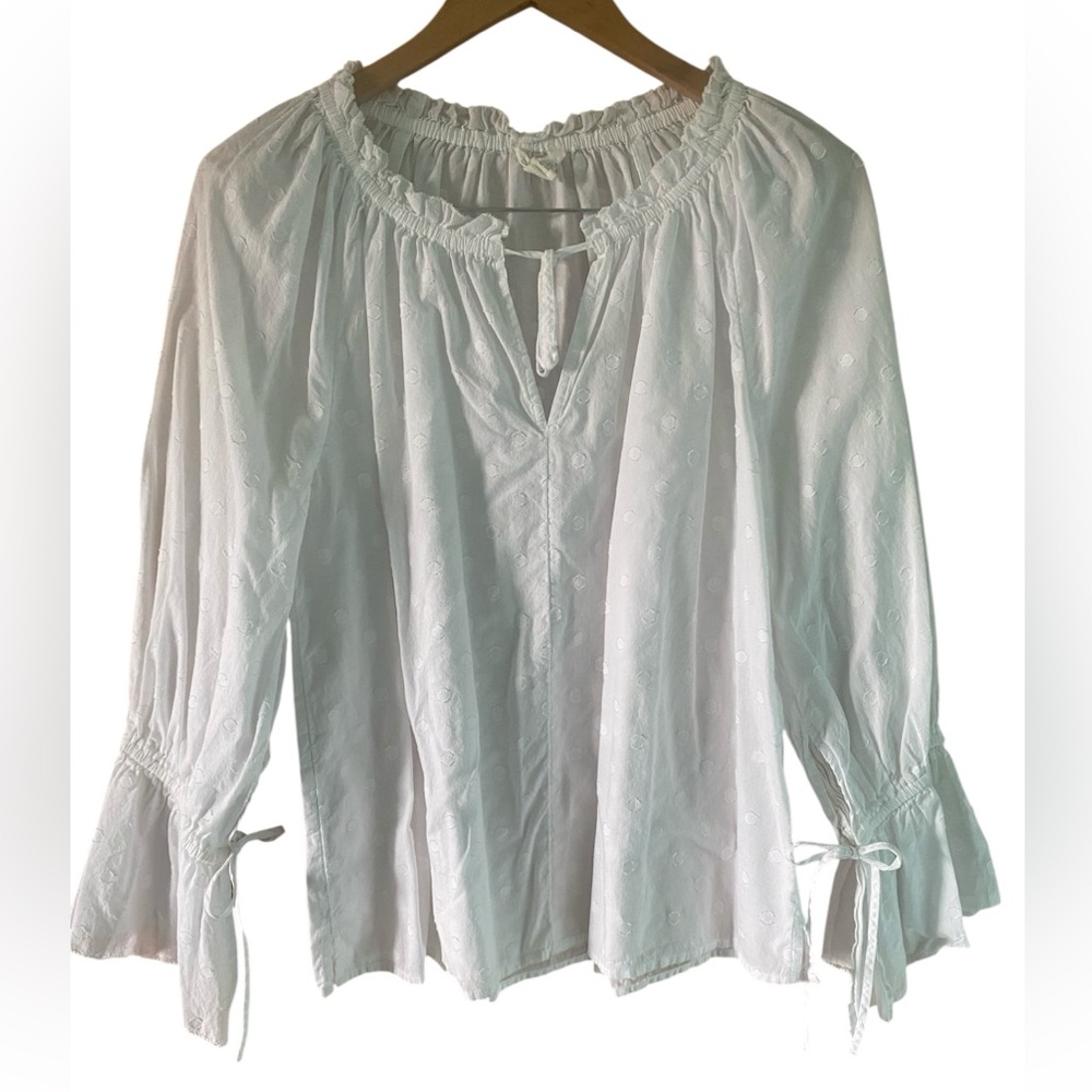 Caslon Blouse Peasant Top Women Size Small White Boho 3/4 Sleeve Dot Print